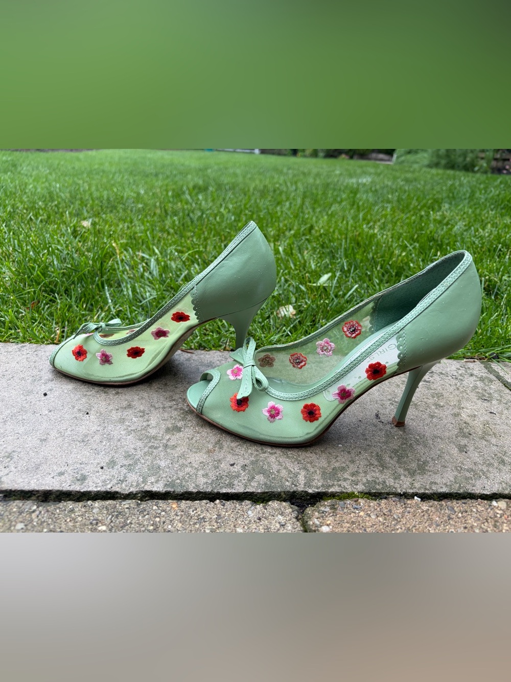 BCBGirls Mesh Embroidered Peep-Toe Heels with Bow